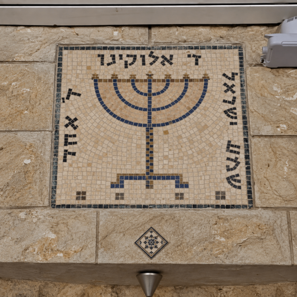 פסיפס קיר מרובע ובמרכזו מנורה כחולה