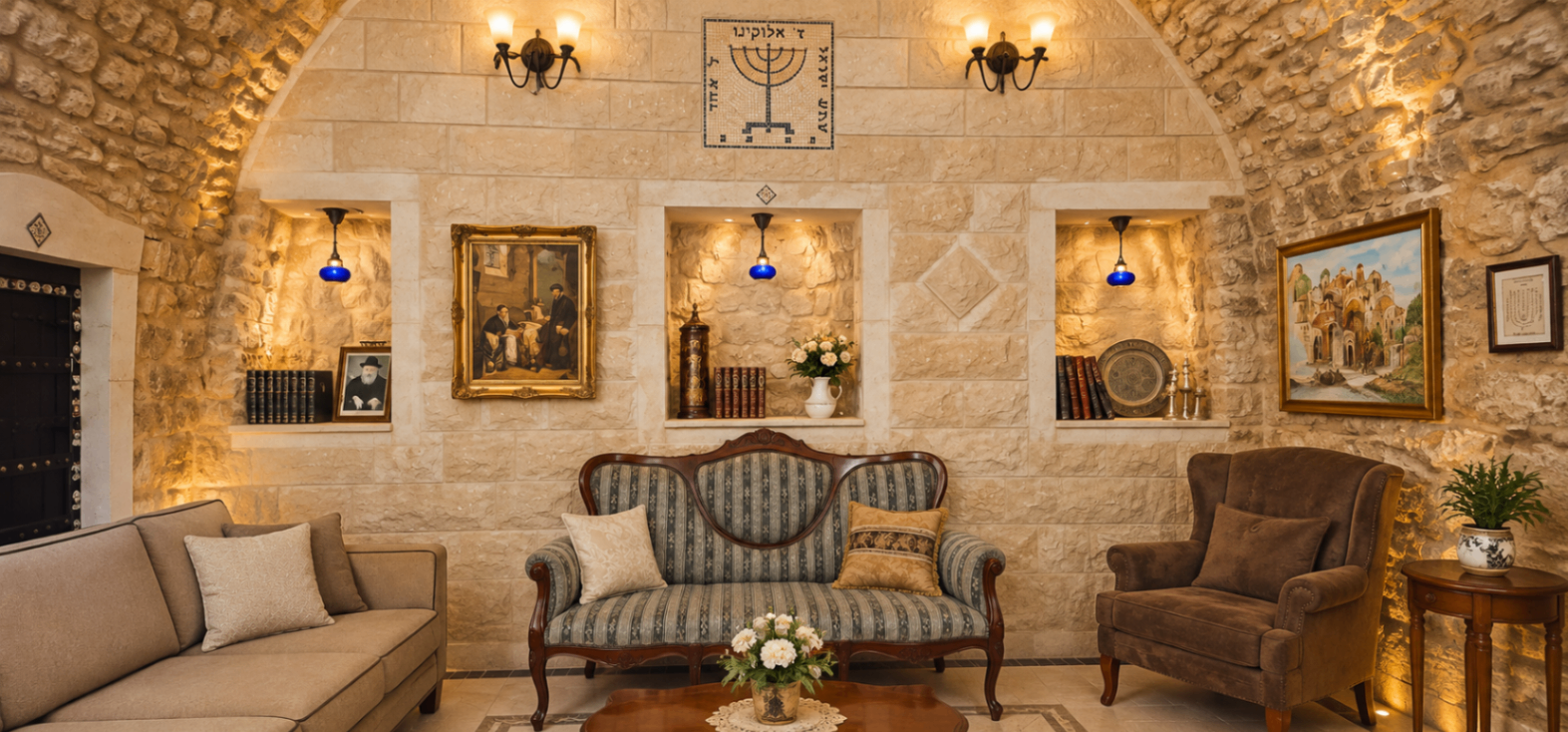 פינת ישיבה בחלל אבן קמור עם ריהוט עתיק, ספרים ואמנות