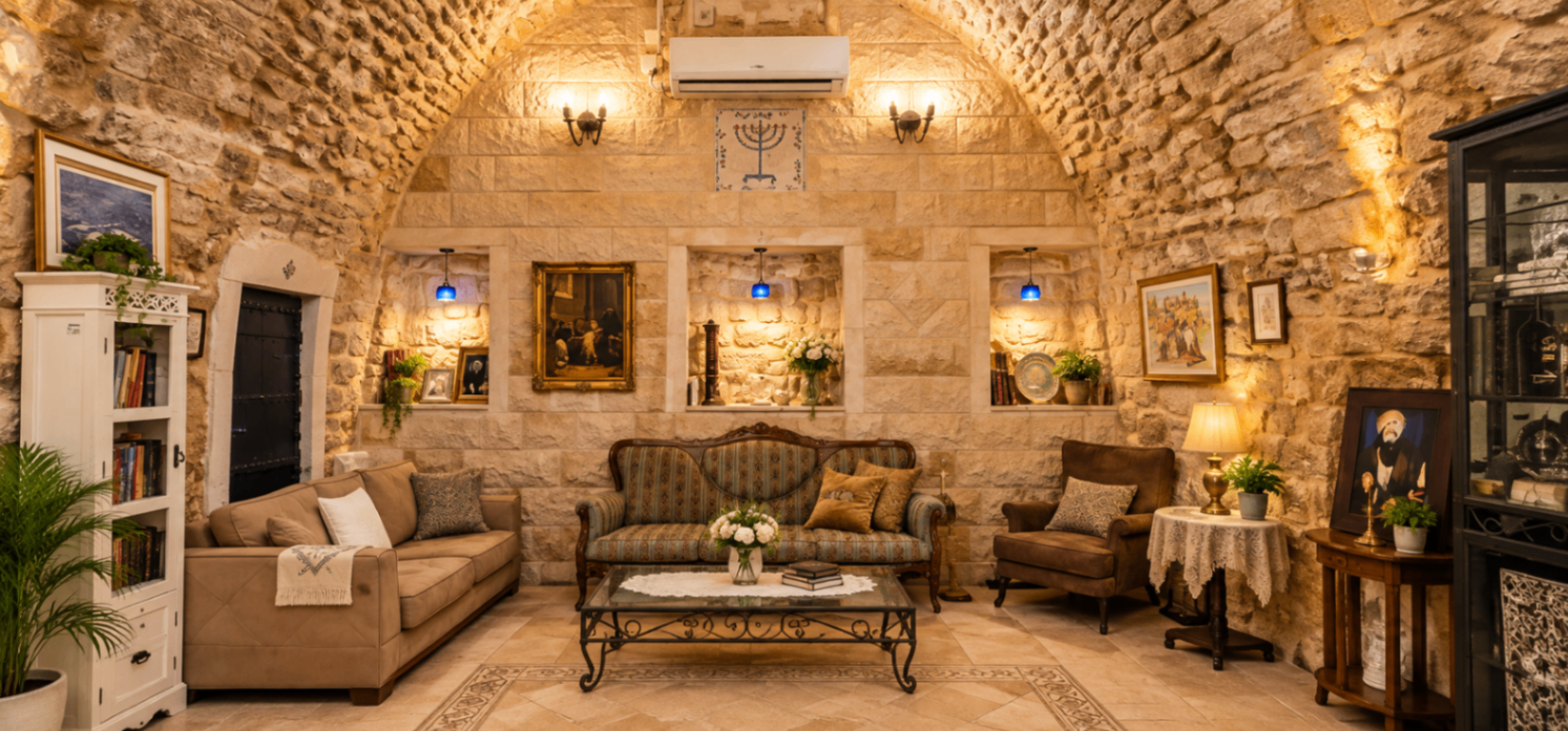 סלון תחת קמרון אבן עם גומחות מוארות, ספות ותמונות ממוסגרות