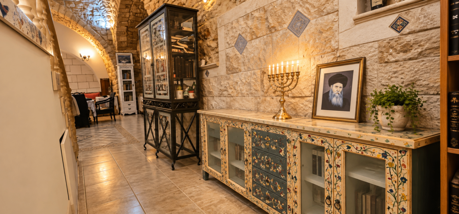 ארון עץ מצויר, מנורת קיר ודיוקן לצד קשת אבן