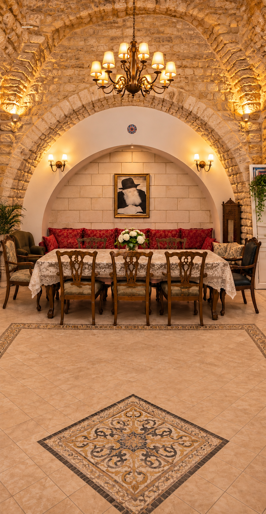 חדר האוכל המקומר בקומה התחתונה, עם קשתות אבן, נברשת ופסיפס