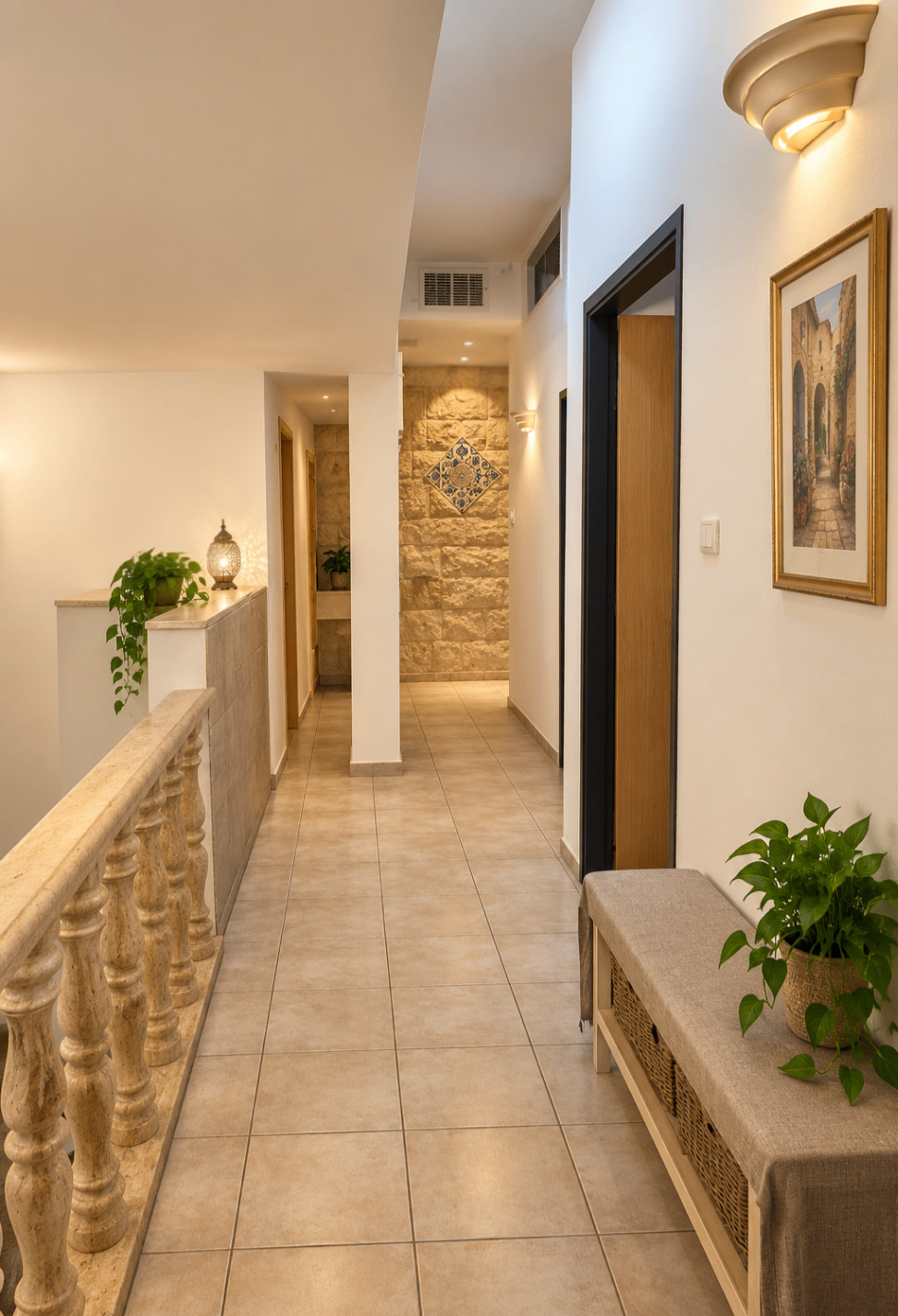 מסדרון הקומה העליונה עם מעקה אבן מגולף, צמחים וקיר אבן בקצהו