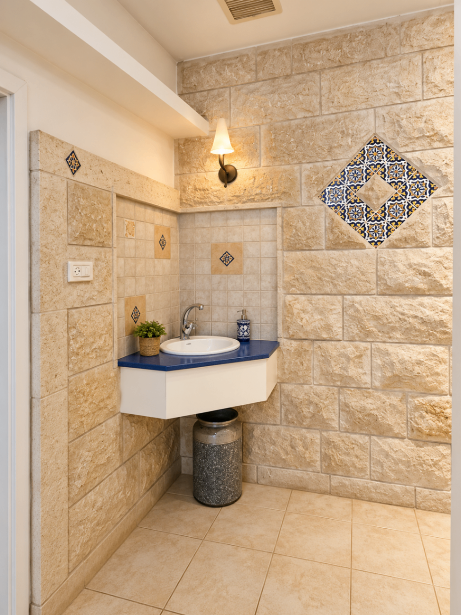 חדר רחצה בקומה העליונה עם קירות אבן, כיור כחול ואריח מצויר משובץ