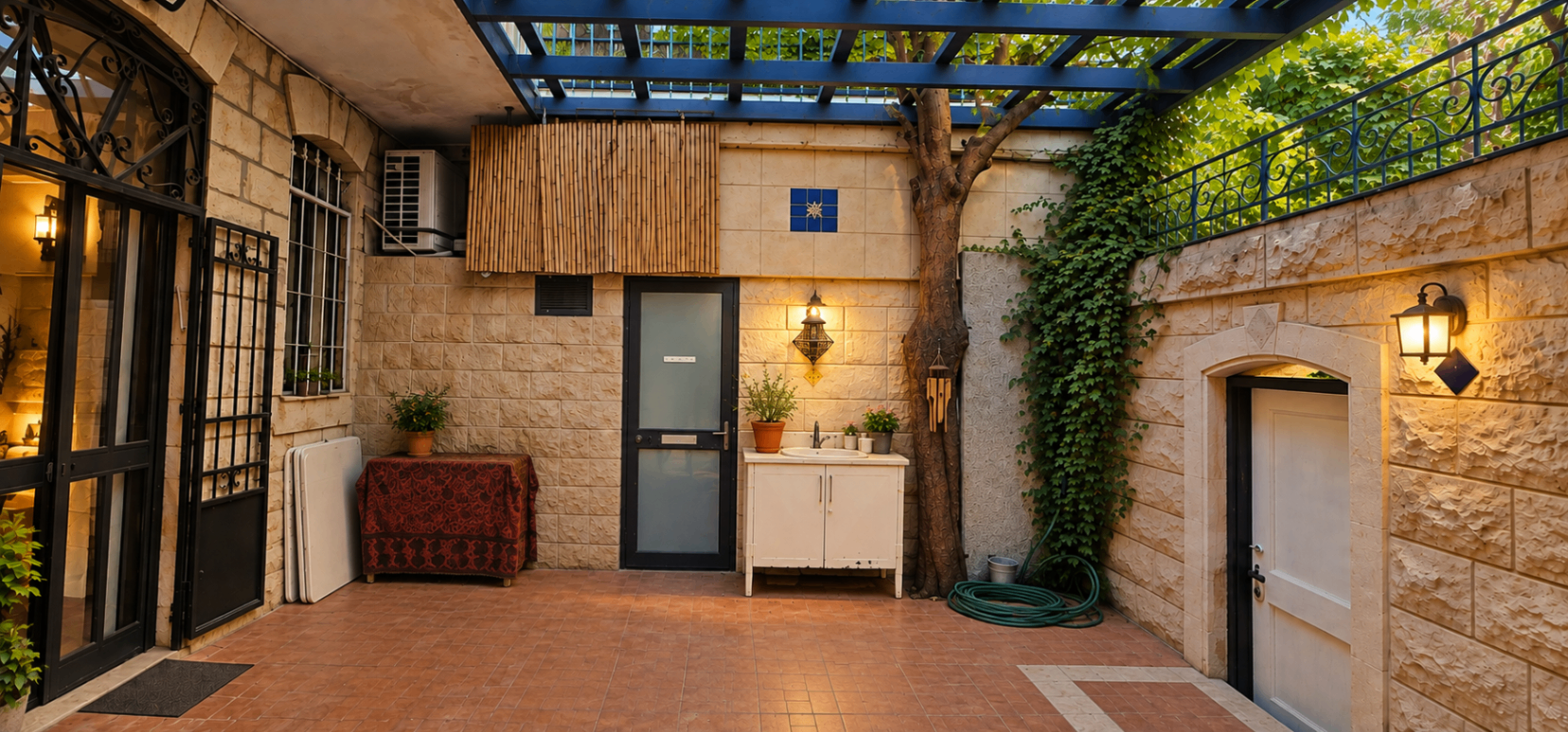 חצר הבית בשעת ערב מתחת לפרגולה כחולה, עם עץ, צמחייה מטפסת ודלתות הכניסה